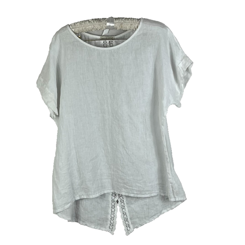 Terzo Millennio White Short Sleeve Tunic Top Women's L Lace Back Stripe Linen